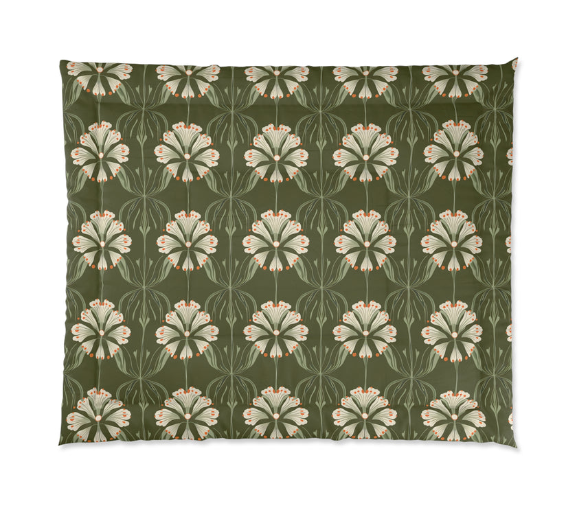 Botanical Floral Comforter, Cozy Bedding for Home Decor, Green Flower Design, Eco-Friendly Gift, Spring & Summer Style