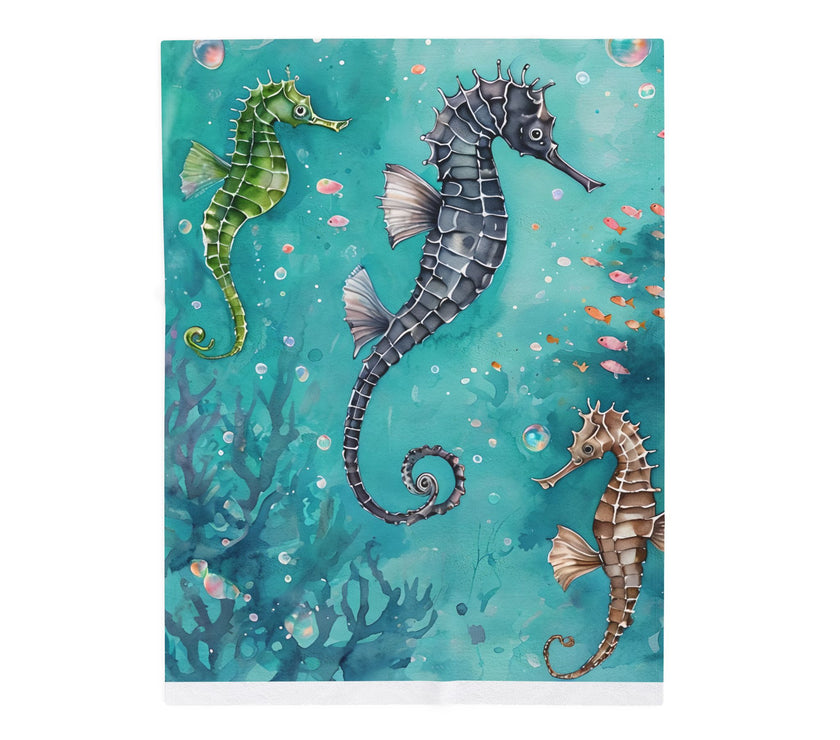Velveteen Plush Blanket, Sea Horse Kids Blanket, Green Blue Blanket, Ocean Theme Throw, Children's Bedroom Decor, Cozy Nursery Bedding