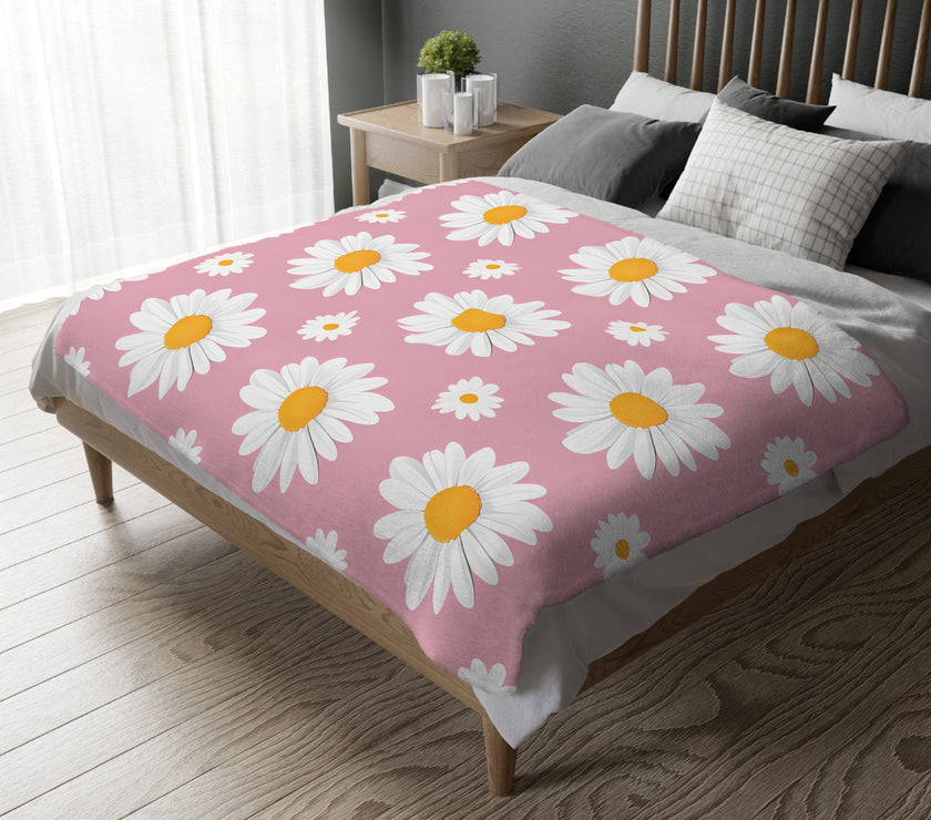 Pink White Daisey Velveteen Microfiber Blanket (Two-sided print)