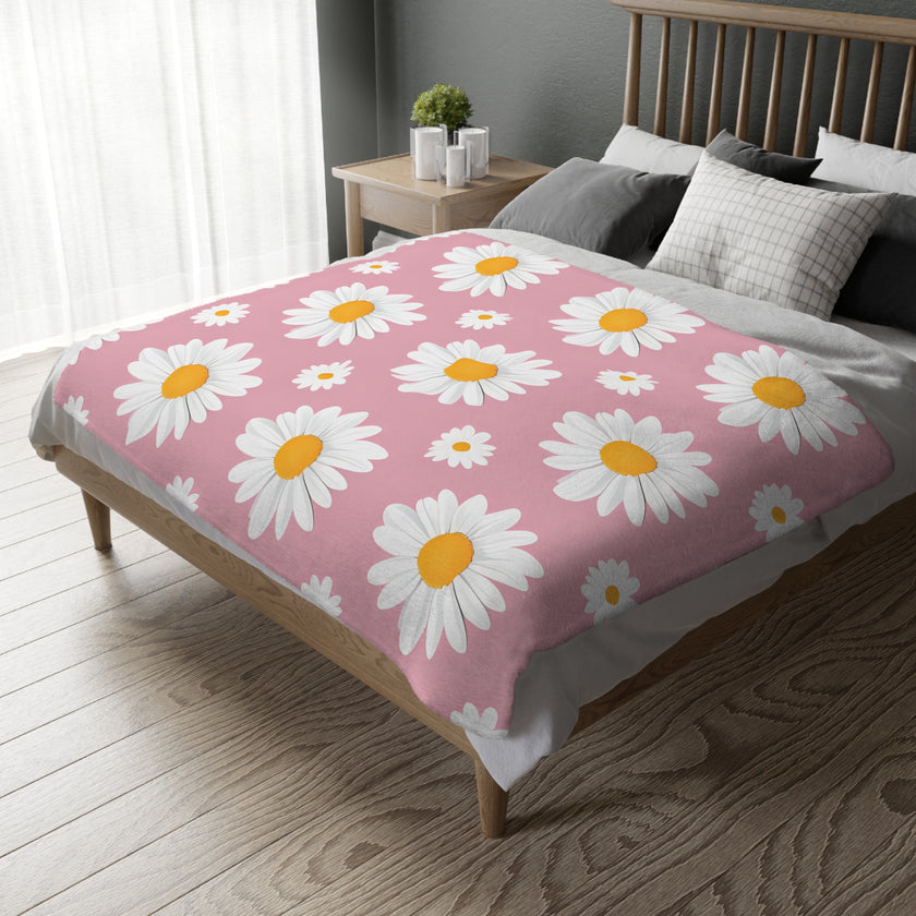 Pink White Daisey Velveteen Microfiber Blanket (Two-sided print)
