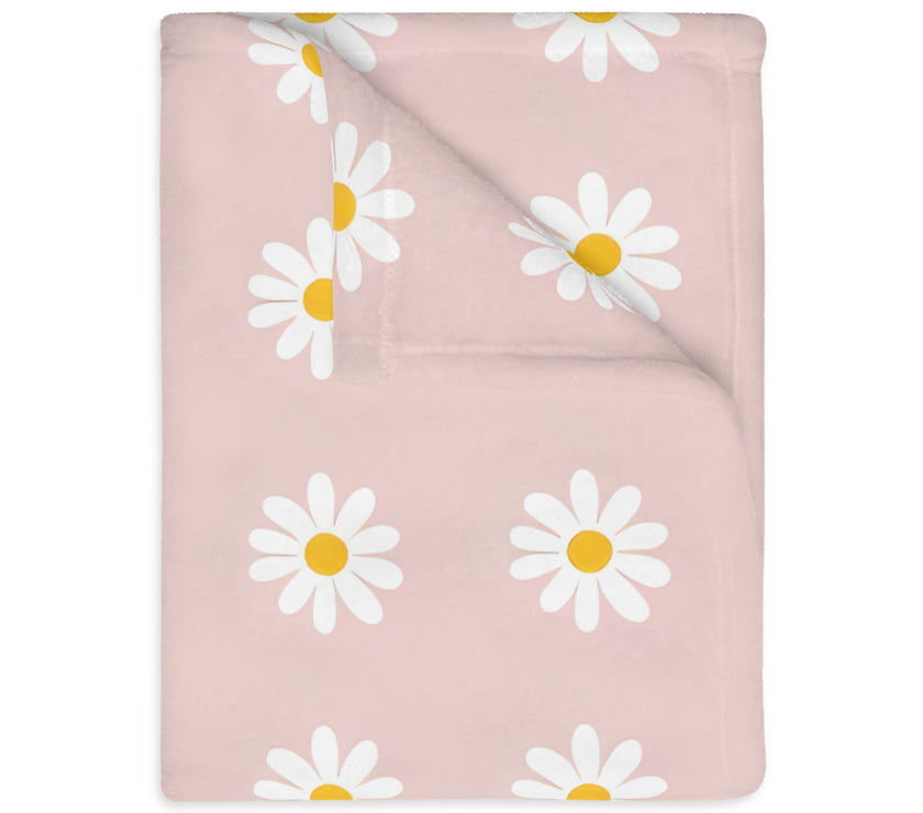 Velveteen Microfiber Blanket, White Daises on Pink Floral Throw, Soft Fleece Bedding, Cozy Couch Decoration, Home Decor Gift, Lightweight
