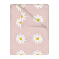 Velveteen Microfiber Blanket, White Daises on Pink Floral Throw, Soft Fleece Bedding, Cozy Couch Decoration, Home Decor Gift, Lightweight