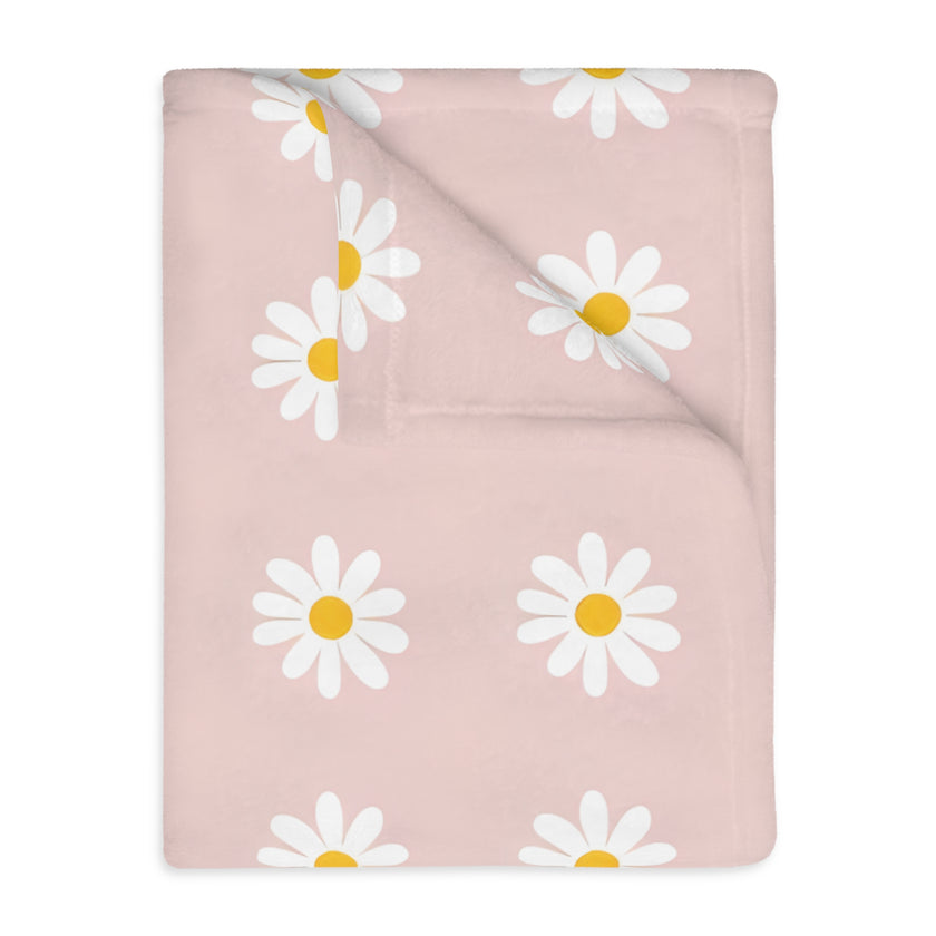 Velveteen Microfiber Blanket, White Daises on Pink Floral Throw, Soft Fleece Bedding, Cozy Couch Decoration, Home Decor Gift, Lightweight