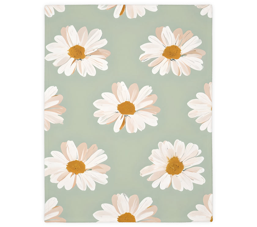 Velveteen Microfiber Blanket, White Daisies on Green - Floral Throw, Botanical Home Decor, Cozy Bedding, Gift for Nature Lovers, Double