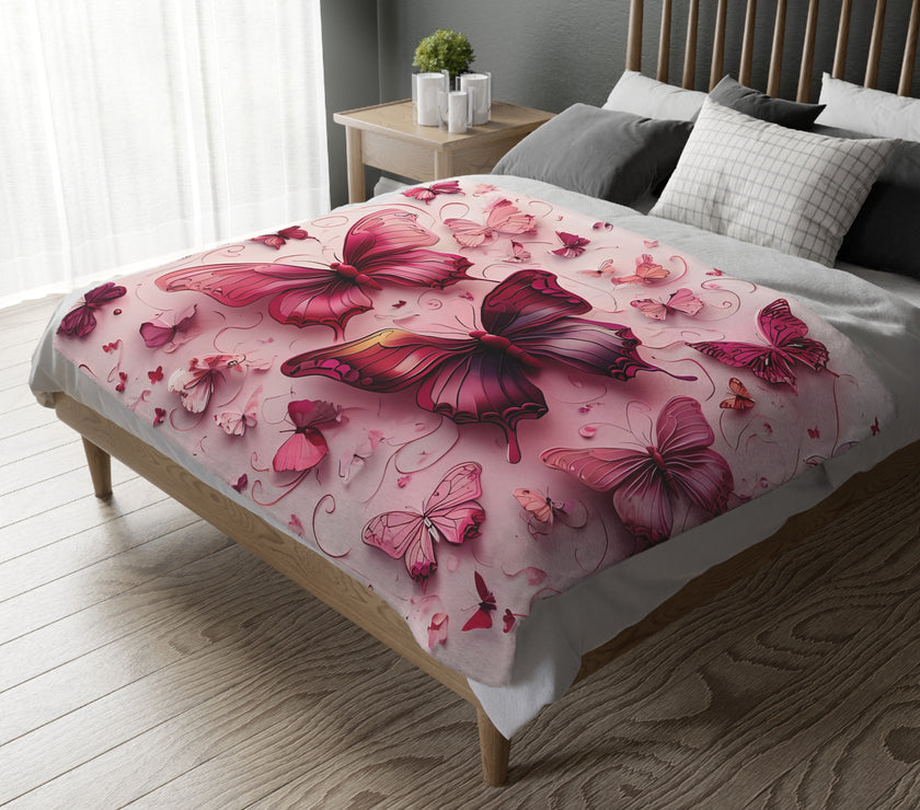 Pink Butterfly  Velveteen Microfiber Blanket (Two-sided print)