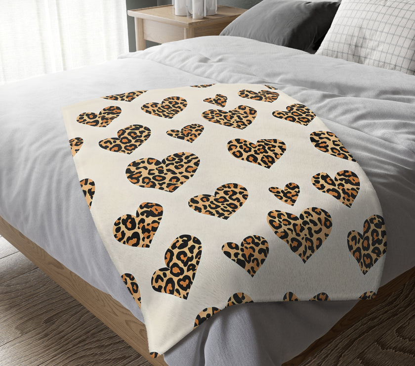 Velveteen Microfiber Blanket, Leopard Print Heart Throw, Cozy Bedding, Animal Lover Gift, Double-sided Couch Cover, Home Decor Accent