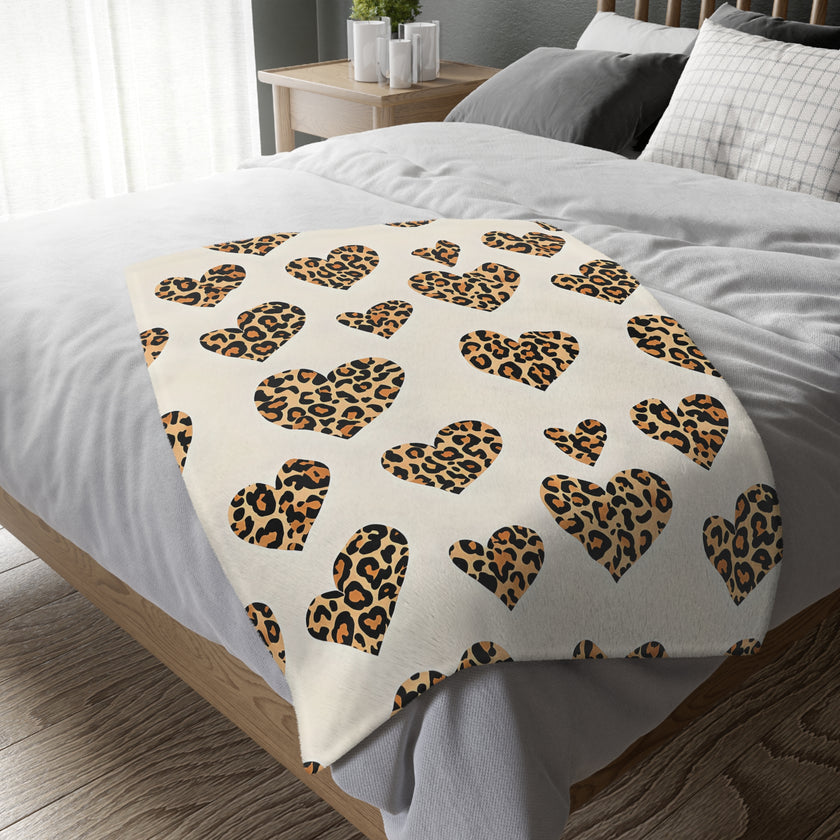 Velveteen Microfiber Blanket, Leopard Print Heart Throw, Cozy Bedding, Animal Lover Gift, Double-sided Couch Cover, Home Decor Accent