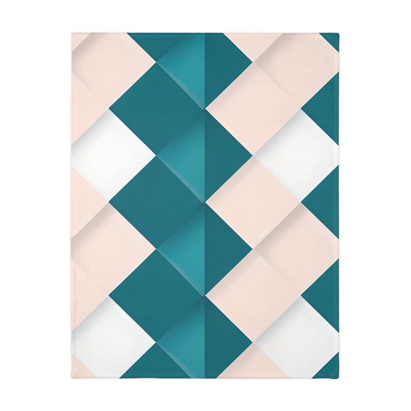 Blue and Pink Grid Velveteen Microfiber Blanket (Two-sided print)