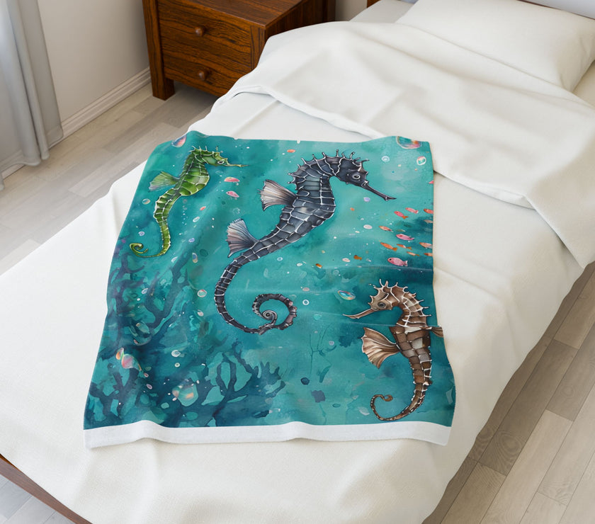 Velveteen Plush Blanket, Sea Horse Kids Blanket, Green Blue Blanket, Ocean Theme Throw, Children's Bedroom Decor, Cozy Nursery Bedding