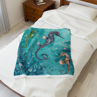 Velveteen Plush Blanket, Sea Horse Kids Blanket, Green Blue Blanket, Ocean Theme Throw, Children's Bedroom Decor, Cozy Nursery Bedding