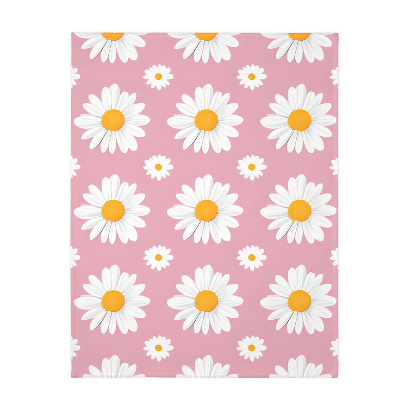Pink White Daisey Velveteen Microfiber Blanket (Two-sided print)