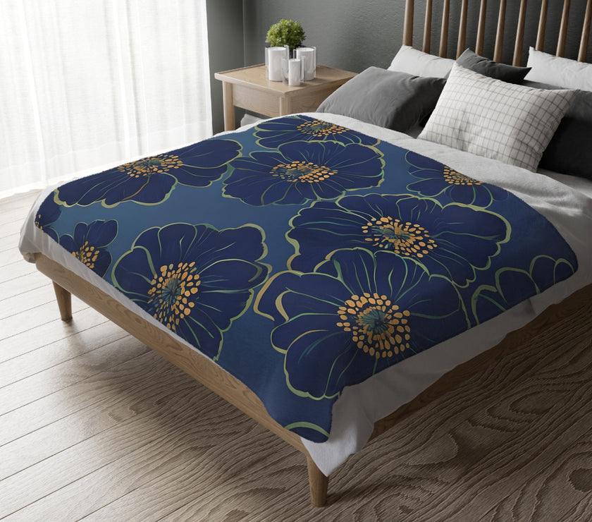 Blanket, Cozy Velveteen Microfiber Two-Sided Print Blue Floral Design - Throw, Bedding, Home Decor, Living Room Accent, Gift Idea