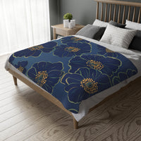 Blanket, Cozy Velveteen Microfiber Two-Sided Print Blue Floral Design - Throw, Bedding, Home Decor, Living Room Accent, Gift Idea