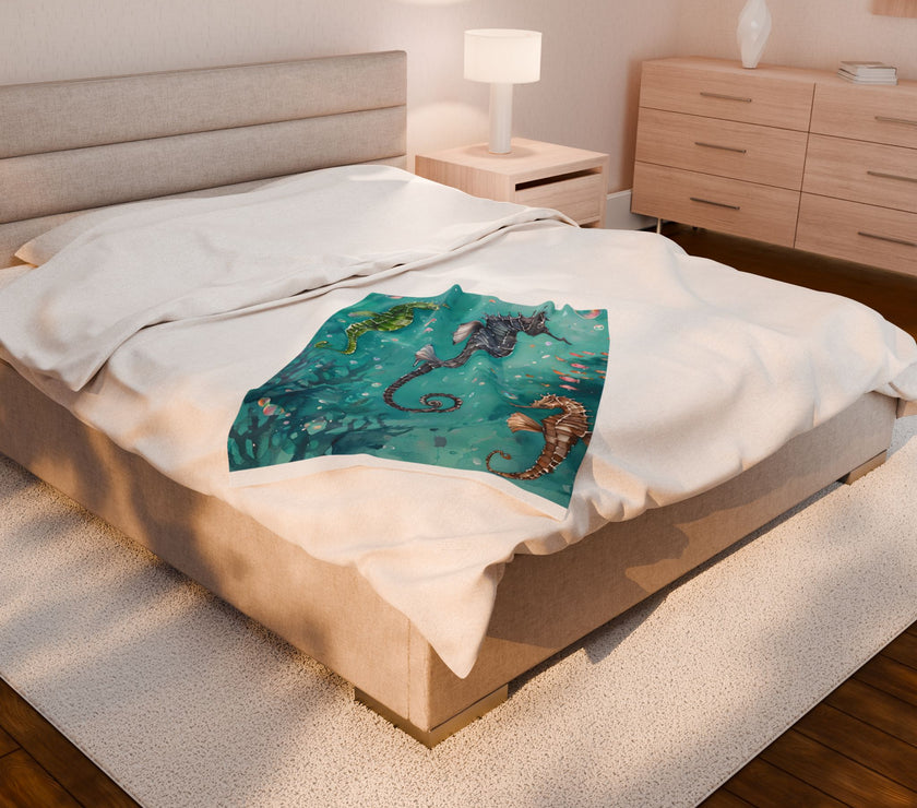 Velveteen Plush Blanket, Sea Horse Kids Blanket, Green Blue Blanket, Ocean Theme Throw, Children's Bedroom Decor, Cozy Nursery Bedding