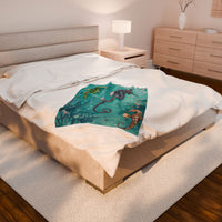 Velveteen Plush Blanket, Sea Horse Kids Blanket, Green Blue Blanket, Ocean Theme Throw, Children's Bedroom Decor, Cozy Nursery Bedding