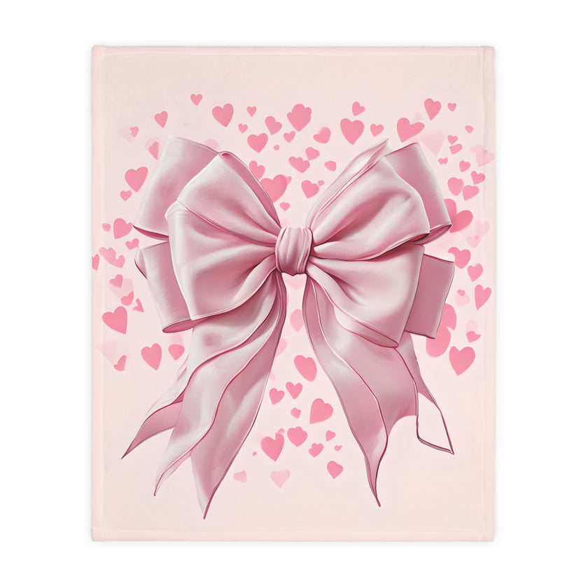 Pink Bow . Pink Heart Velveteen Microfiber Blanket (Two-sided print)