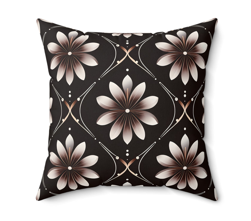 Black Floral Faux Suede Square Pillow