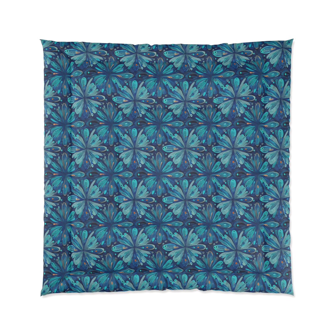 Tropical Floral Comforter, Boho Bedroom Decor, Cozy Quilt for Home, Gift for Her, Ocean Vibe Bedding, blue green flowers