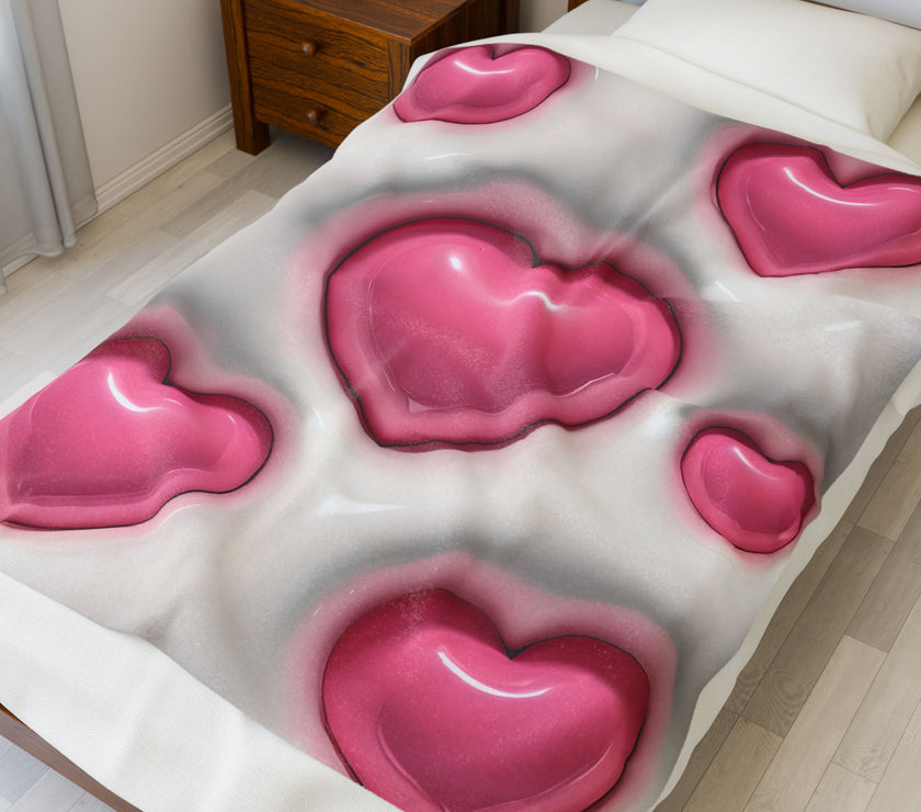 Velveteen Plush Blanket - Pink Heart Plush Blanket, Soft Throw Blanket, Heart Pattern Bedding, Cozy Fleece Blanket, Valentine's Day Gift