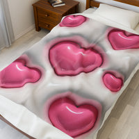 Velveteen Plush Blanket - Pink Heart Plush Blanket, Soft Throw Blanket, Heart Pattern Bedding, Cozy Fleece Blanket, Valentine's Day Gift