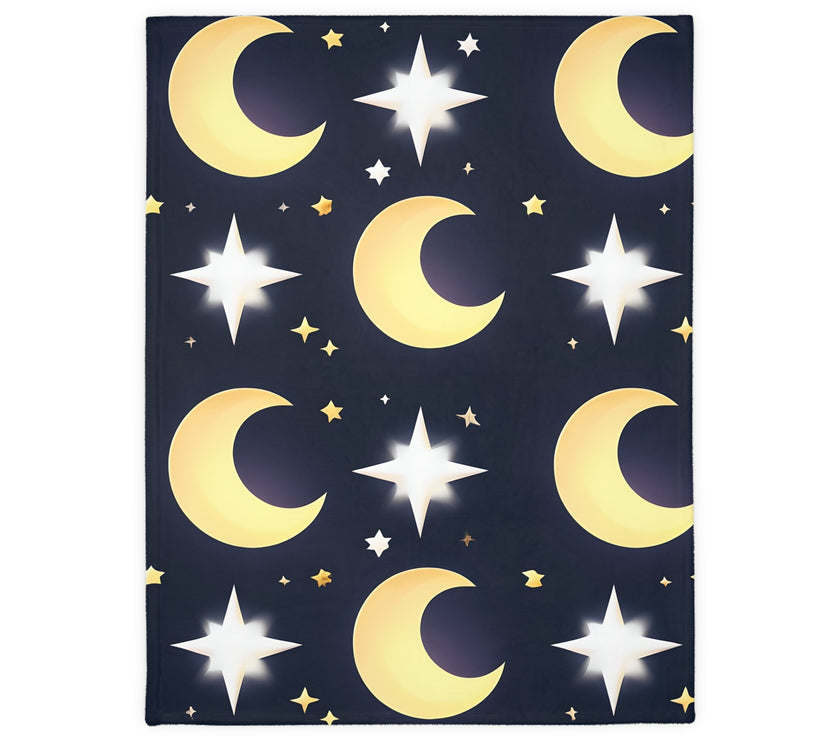 Blanket, Gold Moon and Stars Print, Soft Velveteen Microfiber Throw, Celestial Home Decor, Cozy Bedroom Accent, Night Sky Galaxy Design,