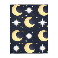 Blanket, Gold Moon and Stars Print, Soft Velveteen Microfiber Throw, Celestial Home Decor, Cozy Bedroom Accent, Night Sky Galaxy Design,