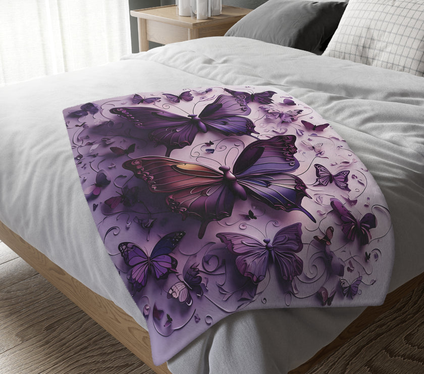 Purple Butterfly Blanket - Ultra Soft Velveteen Microfiber Throw, Reversible Print, Cozy Bedding, Home Decor, Gift for Her, Butterfly Lover,