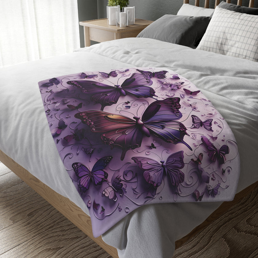 Purple Butterfly Blanket - Ultra Soft Velveteen Microfiber Throw, Reversible Print, Cozy Bedding, Home Decor, Gift for Her, Butterfly Lover,