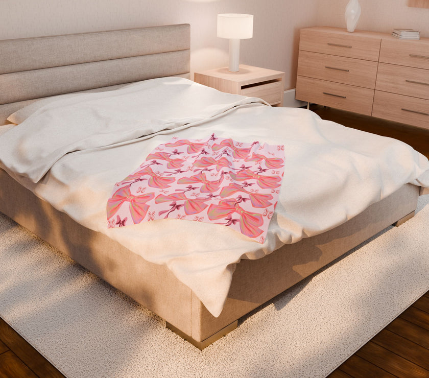 Velveteen Plush Blanket, Cozy Pink Bow Blanket, Soft Fleece Throw, Warm Bedding, Girly Bedroom Decor, Gift for Her
