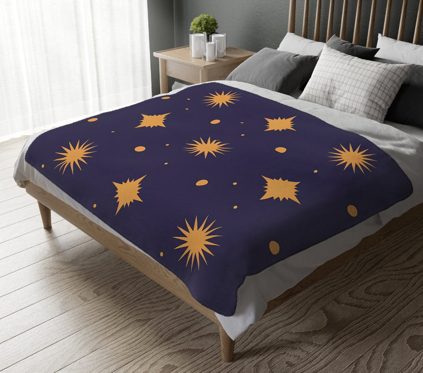 Velveteen Blanket, Geometric Gold Star Two-Sided Print, Cozy Throw, Luxurious Bedding, Soft Couch Cover, Home Decor Accent