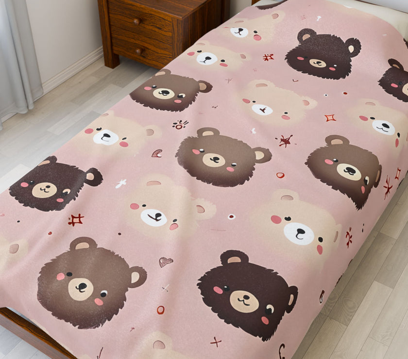 Kids Velveteen Plush Blanket, Pink Teddy Bear Soft Throw for Girls, Children's Gift, Nursery Decor, Cozy Bedding, Baby Shower Present