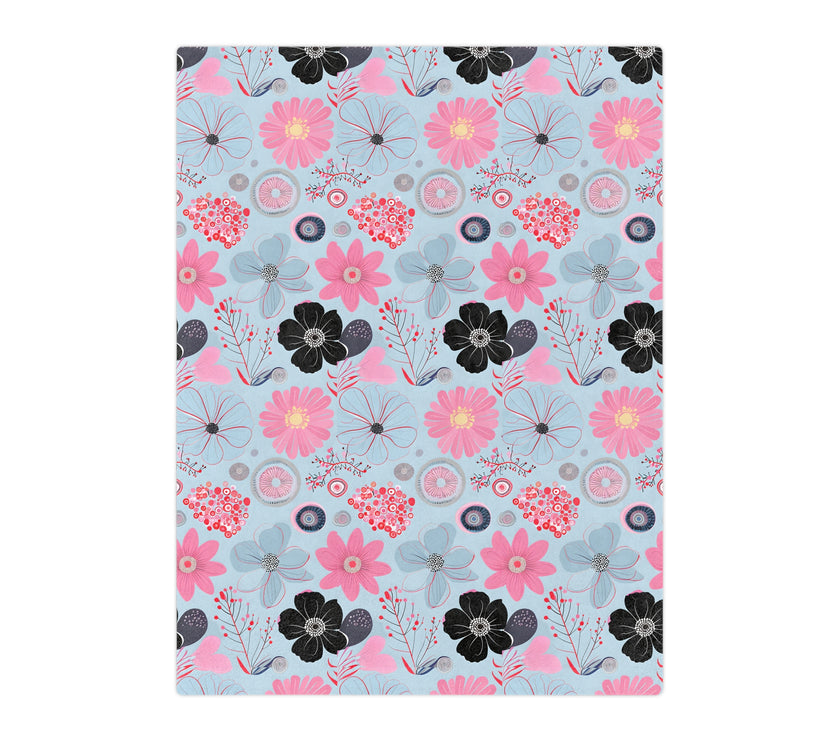 Blue, Pink Floral Velveteen Microfiber Blanket