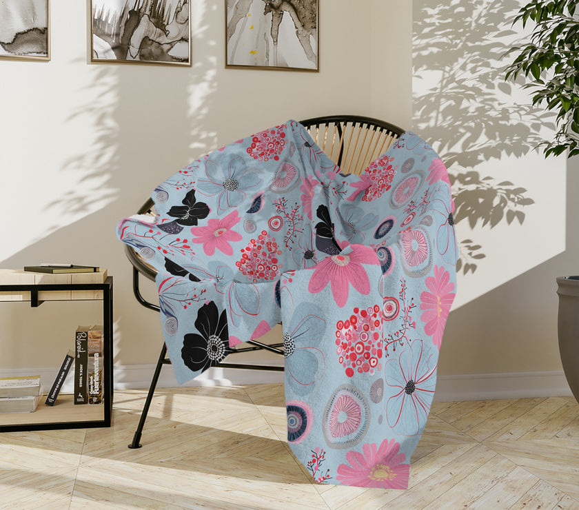 Blue, Pink Floral Velveteen Microfiber Blanket