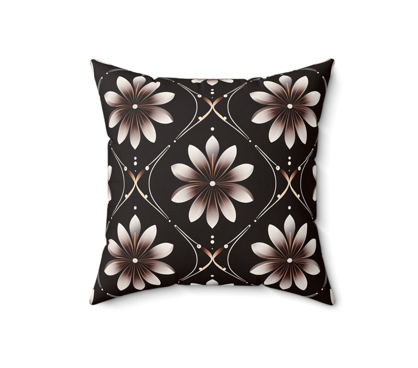 Black Floral Faux Suede Square Pillow
