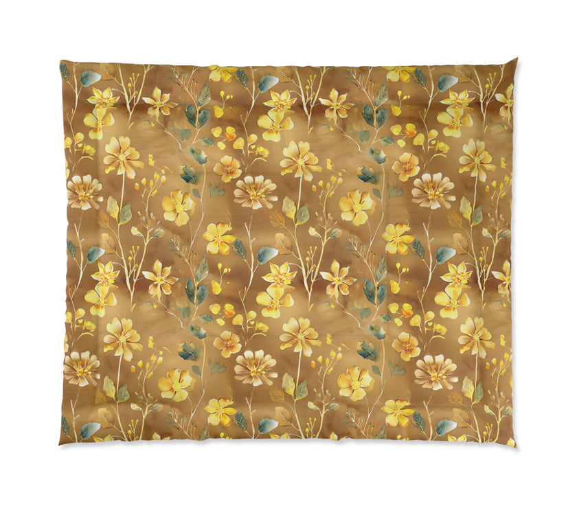 Floral Comforter, Cozy Botanical Quilt for Bedroom, Elegant Bedspread for Spring, Gift for Flower Lovers, Home Decor, Yellow Flower Bedding