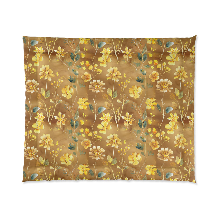 Floral Comforter, Cozy Botanical Quilt for Bedroom, Elegant Bedspread for Spring, Gift for Flower Lovers, Home Decor, Yellow Flower Bedding