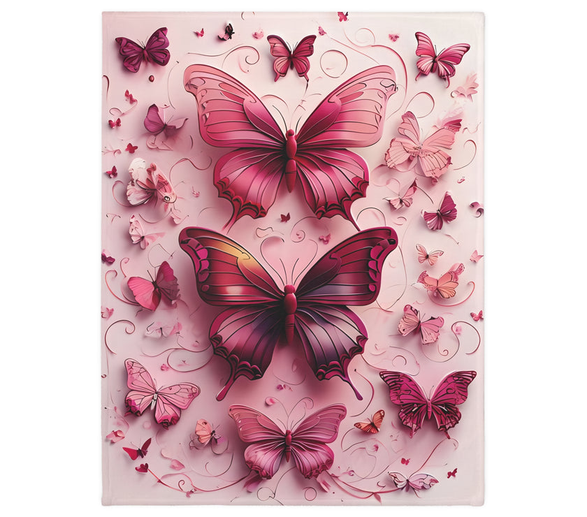 Pink Butterfly  Velveteen Microfiber Blanket (Two-sided print)
