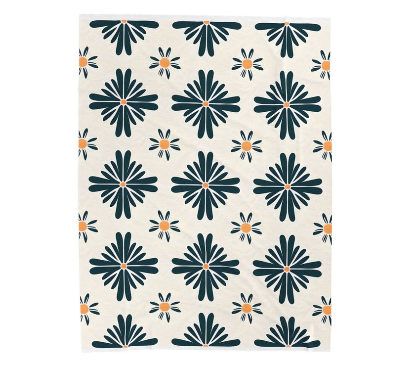 Green , White floral Velveteen Plush Blanket