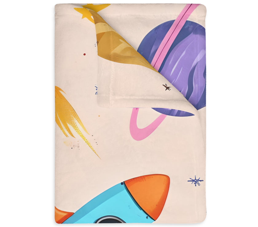 Kids Outer Space Spaceship Rocket Planet Velveteen Microfiber Blanket, Two-sided Print, Children's Bedroom Decor, Boys Girls Gift, Nursery