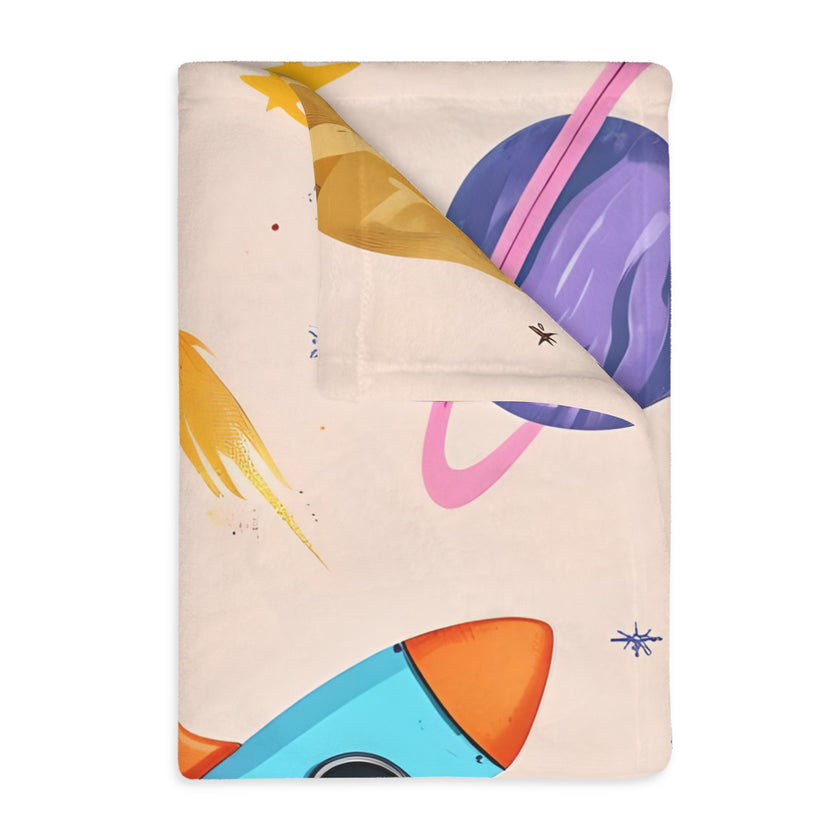 Kids Outer Space Spaceship Rocket Planet Velveteen Microfiber Blanket, Two-sided Print, Children's Bedroom Decor, Boys Girls Gift, Nursery