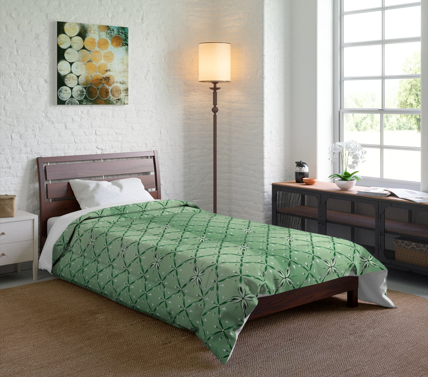Botanical Green Quilt Comforter, Cozy Floral Pattern Blanket for Bedroom, Spring Decor, Home Warmth, Gift for Her