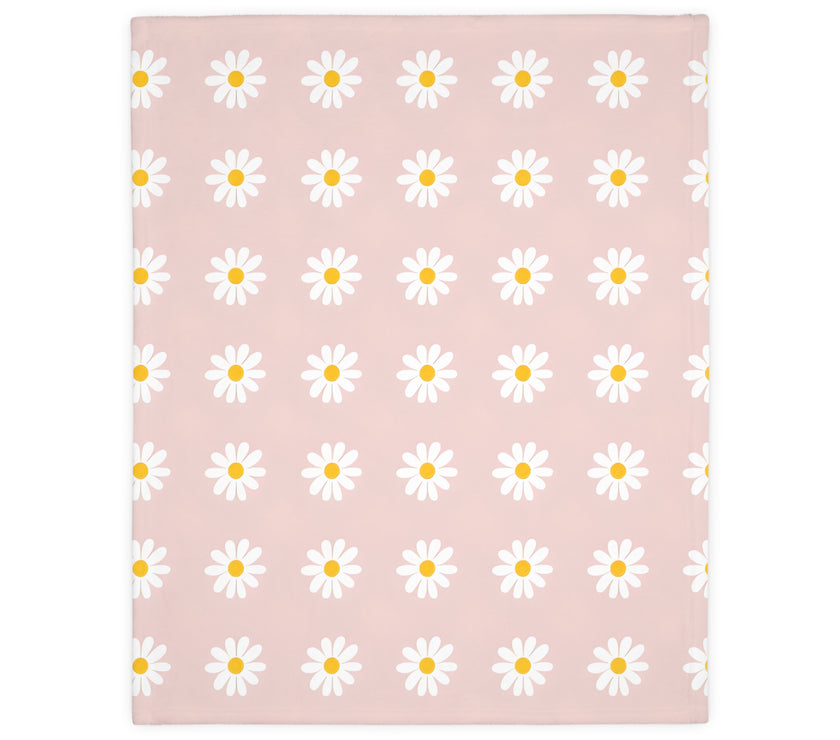 Velveteen Microfiber Blanket, White Daises on Pink Floral Throw, Soft Fleece Bedding, Cozy Couch Decoration, Home Decor Gift, Lightweight