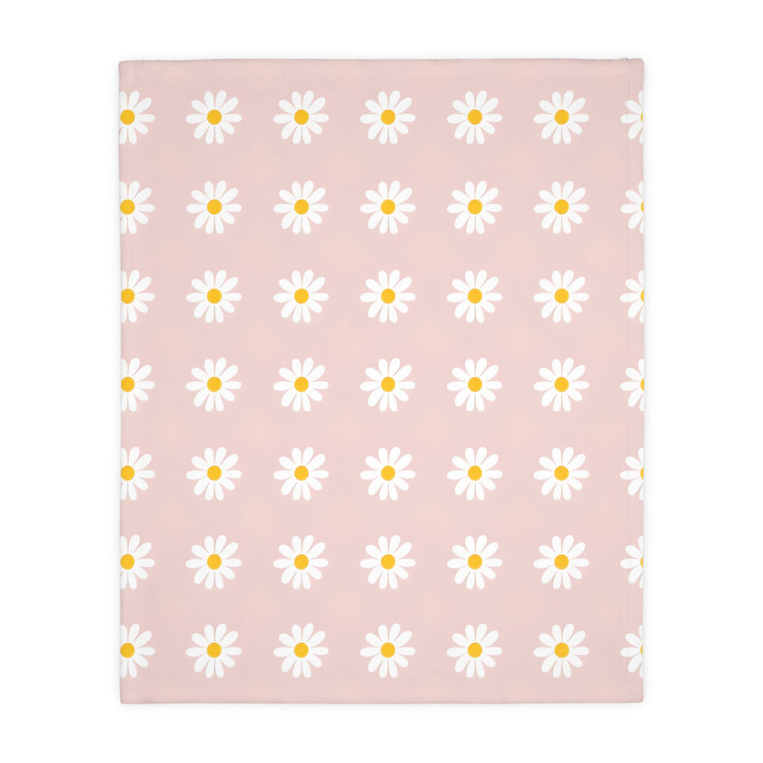 Velveteen Microfiber Blanket, White Daises on Pink Floral Throw, Soft Fleece Bedding, Cozy Couch Decoration, Home Decor Gift, Lightweight