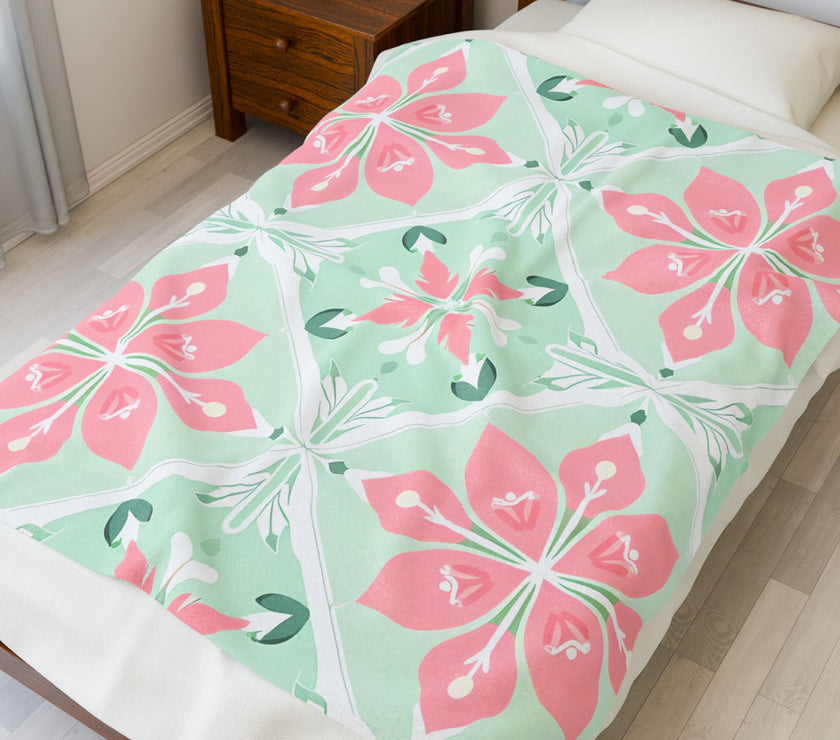 Velveteen Plush Blanket - Green Pink Floral Soft Throw, Cozy Bedding, Botanical Home Decor, Flower Print Lap Quilt, Floral Pattern Couch