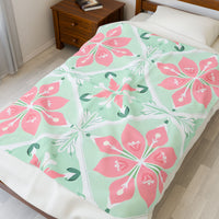 Velveteen Plush Blanket - Green Pink Floral Soft Throw, Cozy Bedding, Botanical Home Decor, Flower Print Lap Quilt, Floral Pattern Couch