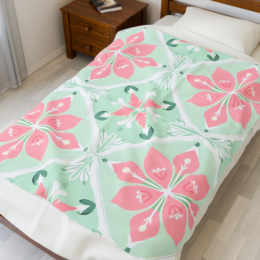 Velveteen Plush Blanket - Green Pink Floral Soft Throw, Cozy Bedding, Botanical Home Decor, Flower Print Lap Quilt, Floral Pattern Couch