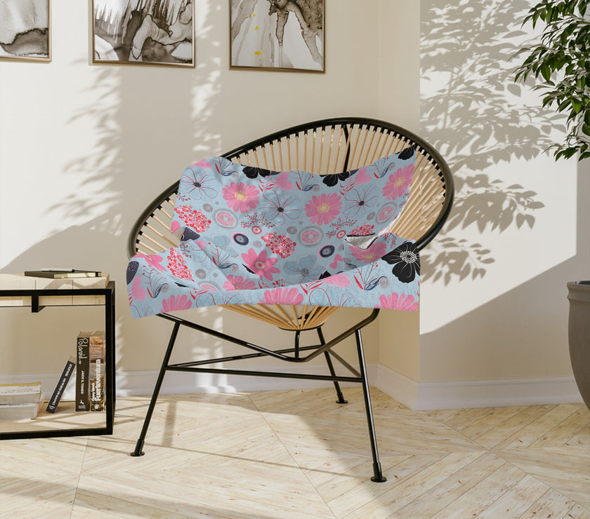 Blue, Pink Floral Velveteen Microfiber Blanket
