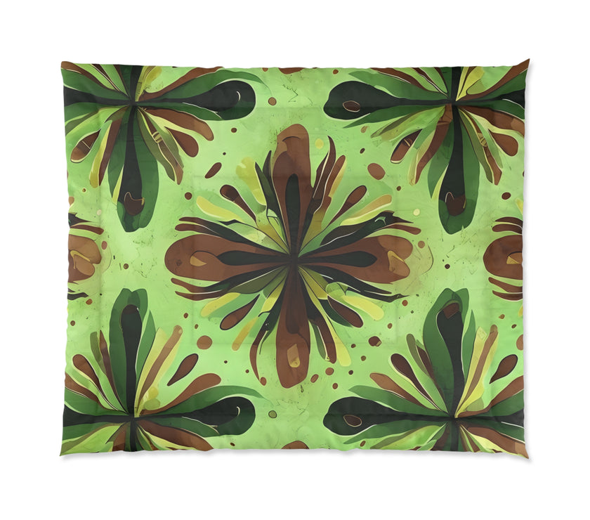 Eco-Friendly Floral Comforter, Nature-Inspired Bedding, Cozy Home Decor, Gift for Plant Lovers, Green and Brown Design