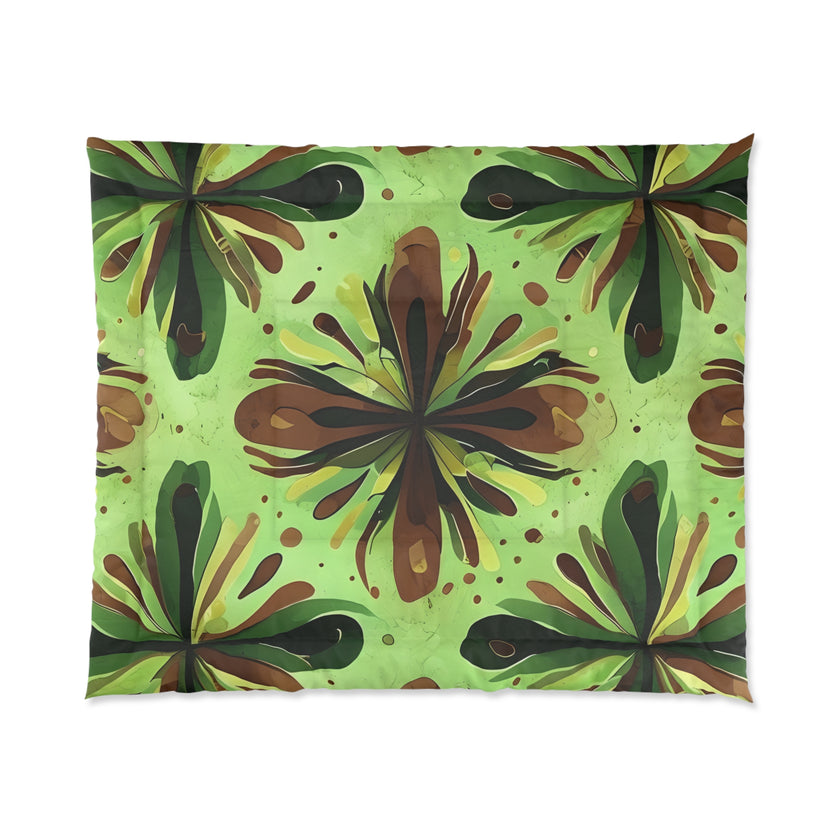 Eco-Friendly Floral Comforter, Nature-Inspired Bedding, Cozy Home Decor, Gift for Plant Lovers, Green and Brown Design