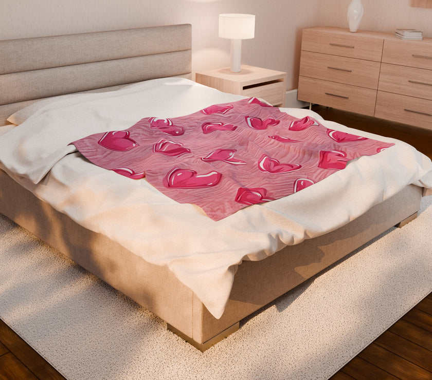 Velveteen Plush Blanket - Pink Hearts Cozy Throw, Warm Snuggle Quilt, Soft Fleece Bedspread, Comfy Bedding Cover, Lovely Valentine's Day